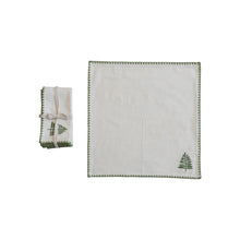 Cotton Napkins w/ Embroidered Tree & Edge, Natural & Green