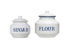 White "Sugar" Enameled Metal Canister with Blue Rim + Lid - Greenhouse Home
